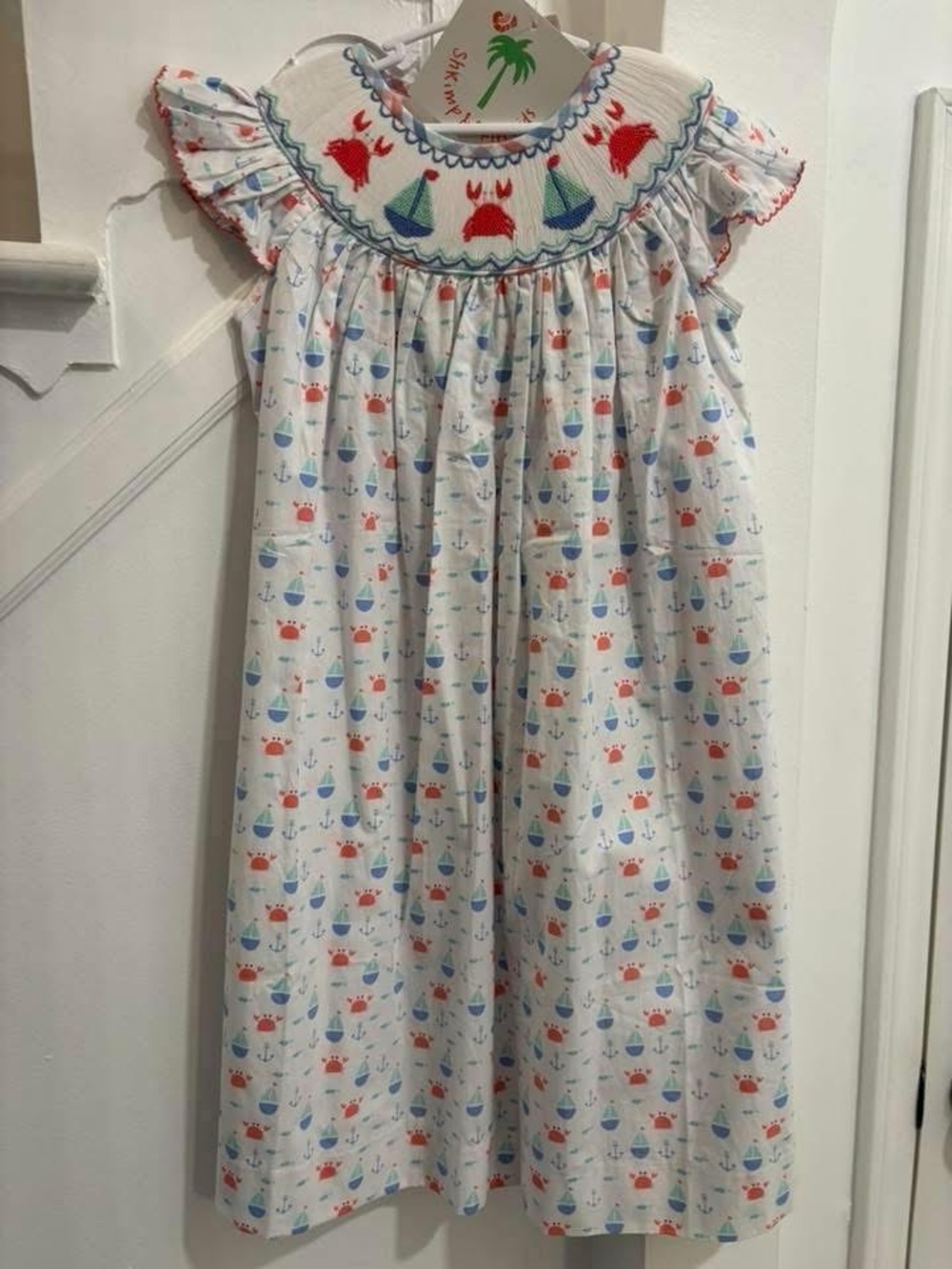 Smocked Sailboat & Crab Nightgown - White with Blue & Red Accents
